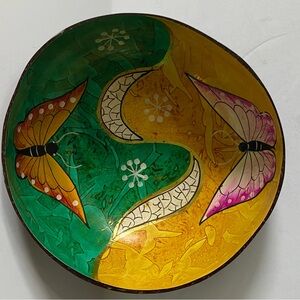 Hand Painted Coconut Bowl Butterflies 5.5” Pink Yellow Handmade Trinket Dish